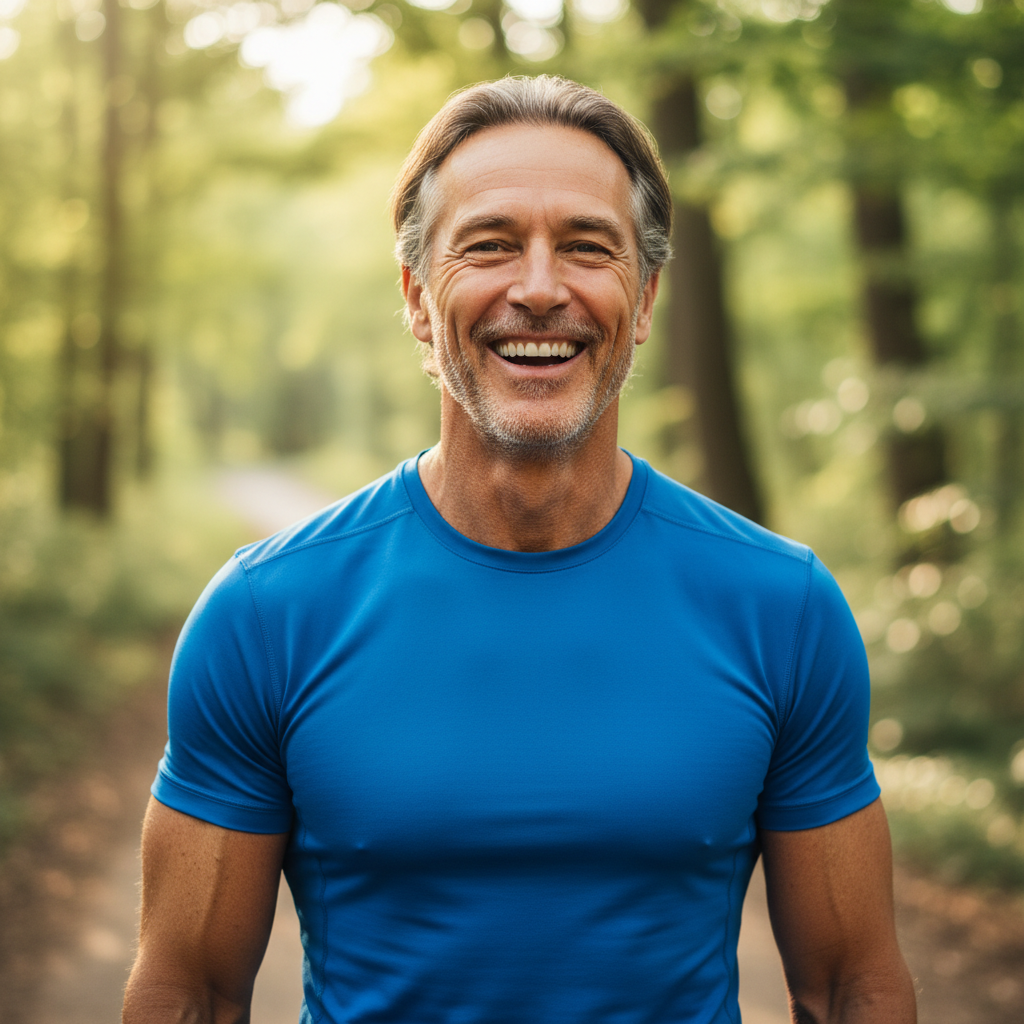 Active Polish man in his 50s, outdoors in sunlight, healthy and energetic appearance
