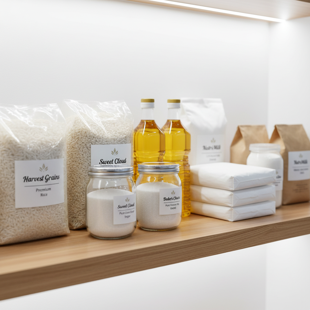Cooking oil, salt, sugar, and pantry staples arranged on a shelf