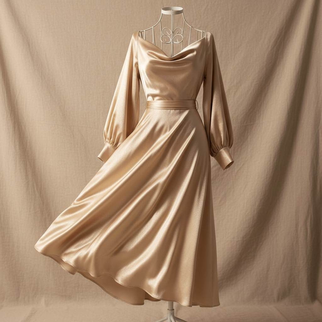 Ivory silk midi dress side profile view showing draping and silhouette, natural light
