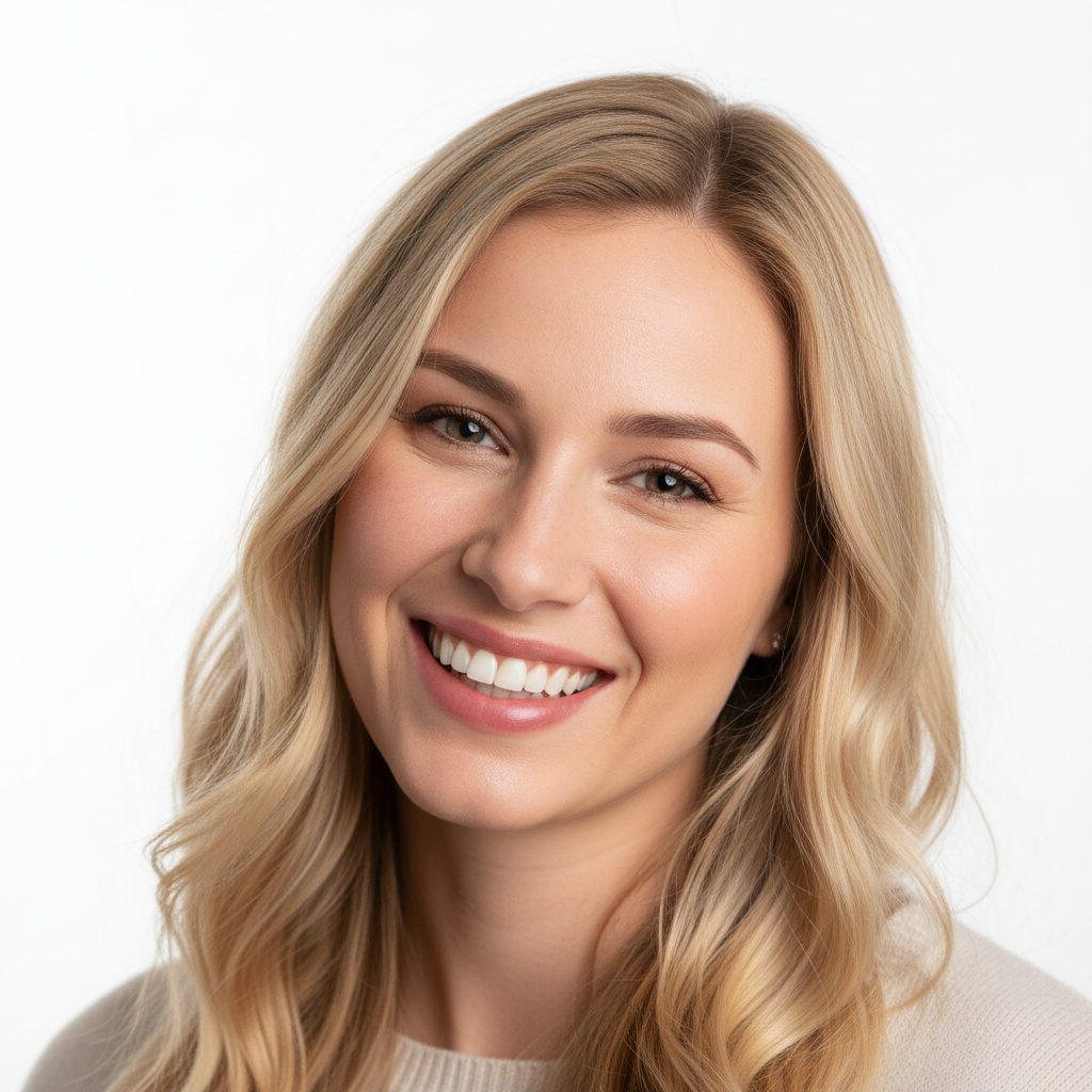 Professional headshot of fashion editor woman, bright studio portrait, clean background