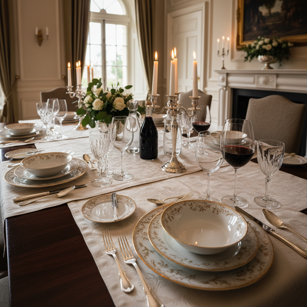 Elegant birthday table with gold candelabras and fine china in shadowed intimate setting