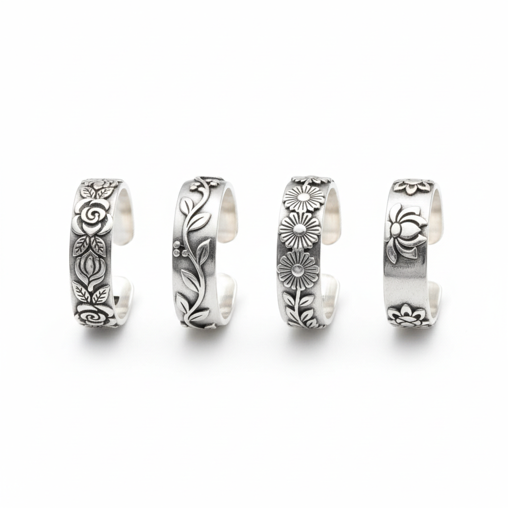 Silver toe rings - traditional oxidised silver toe rings with floral charm