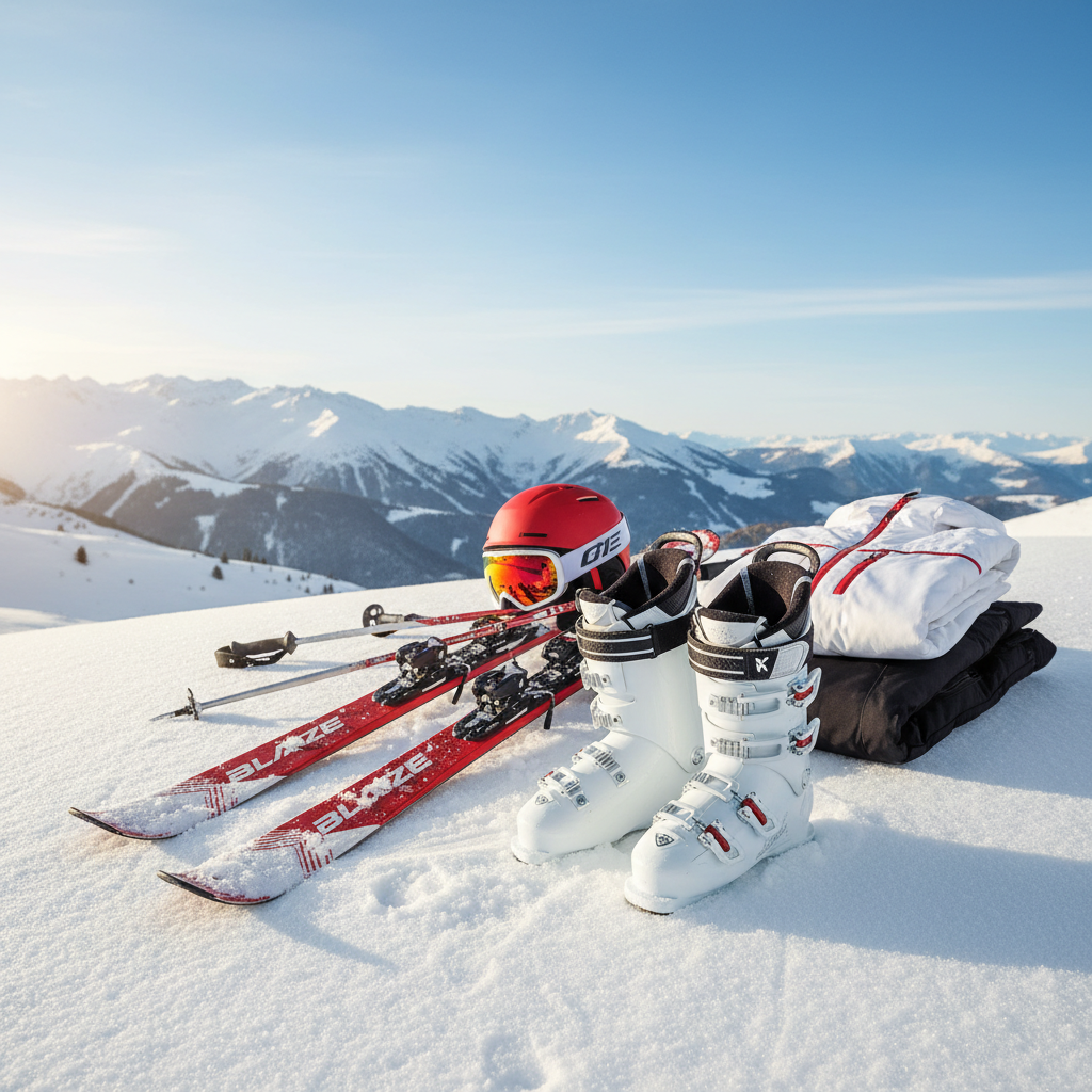 Équipement de ski alpin complet avec skis, bâtons et casque sur neige québécoise