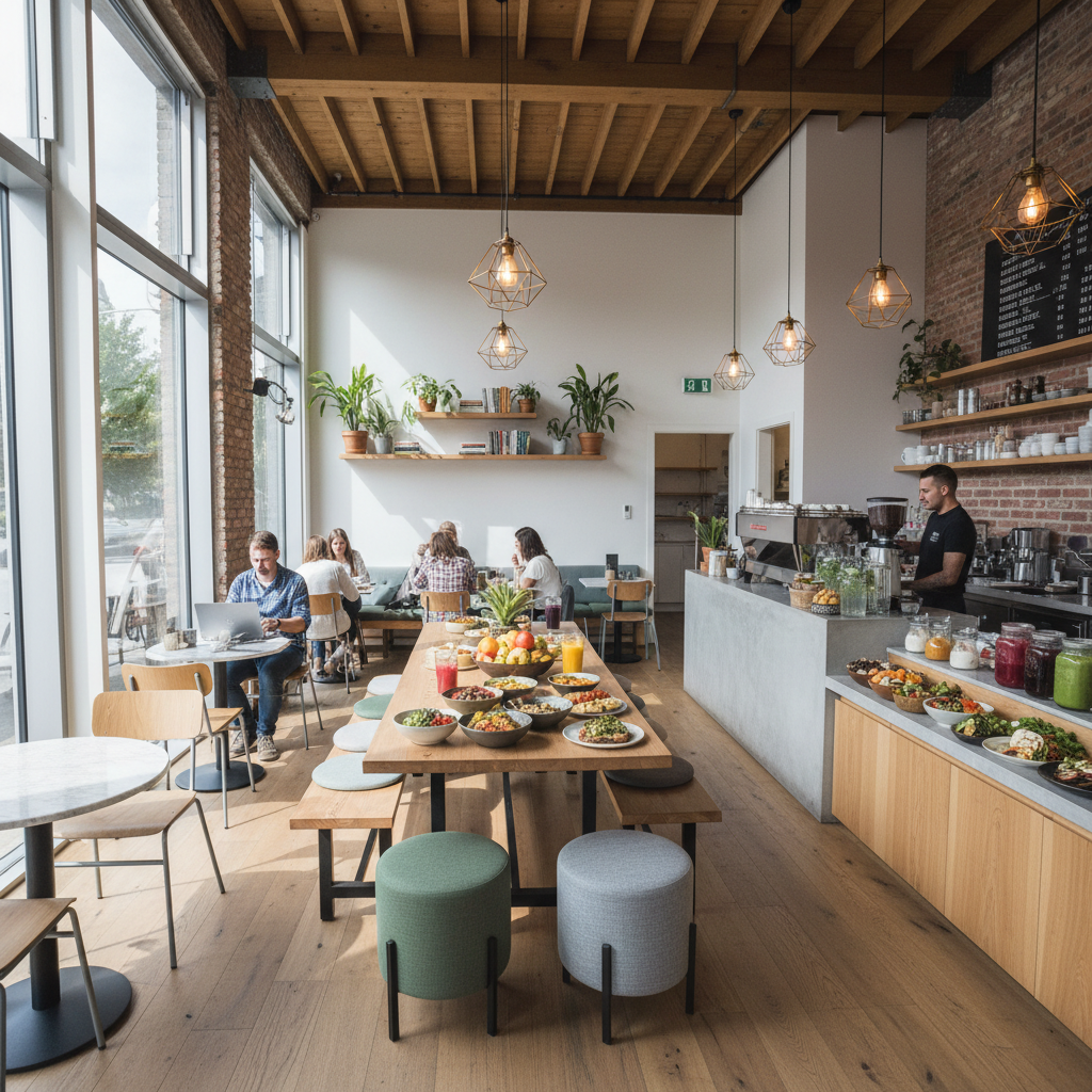Modern café with healthy food options and community seating area