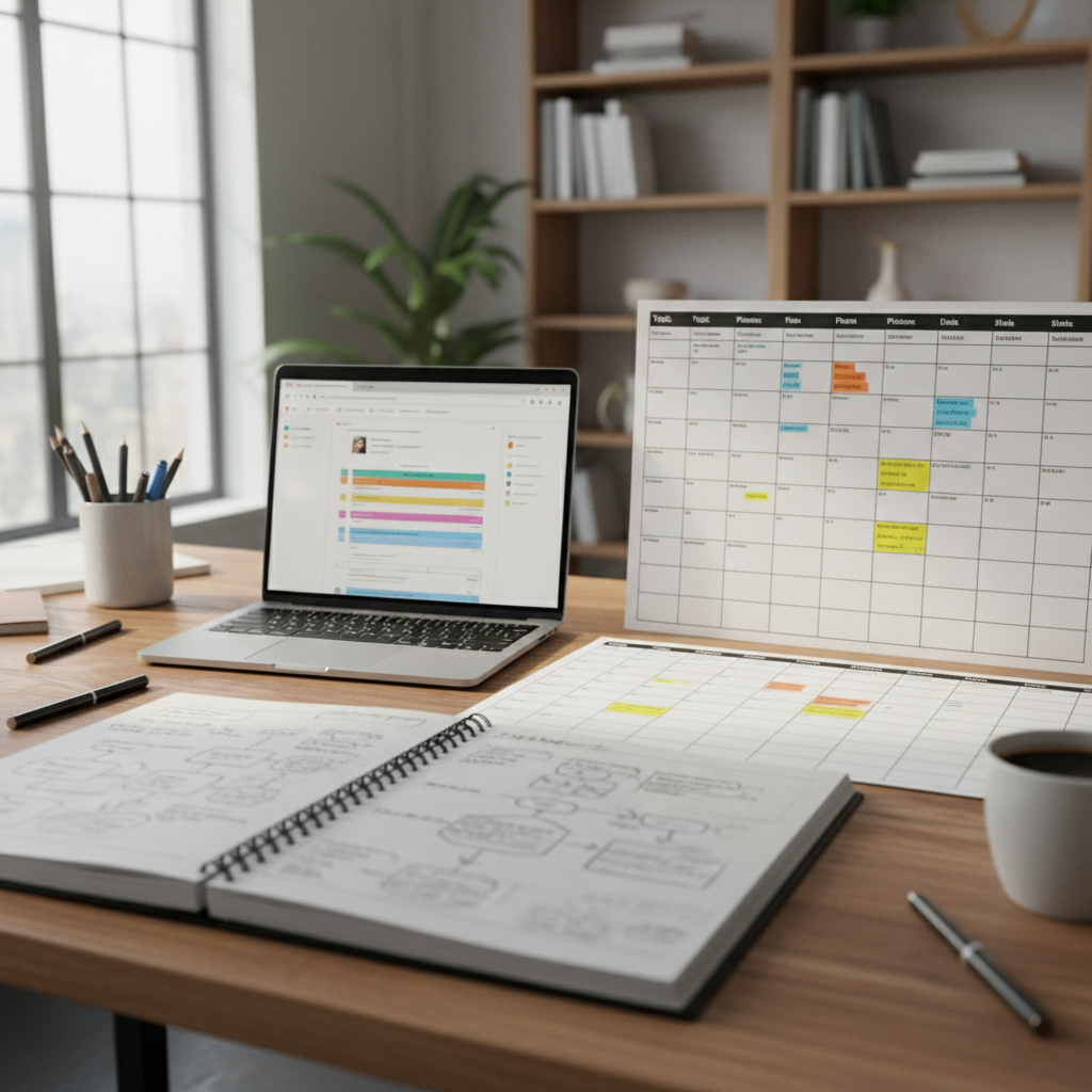 Content strategist working on editorial calendar with laptop and notebook at a bright desk