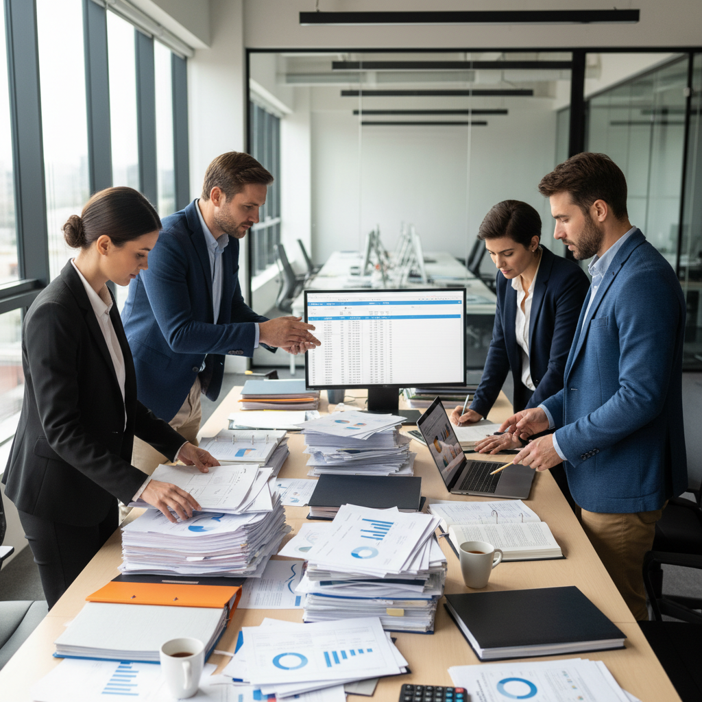 Business team organizing audit documents and preparing financial records for review
