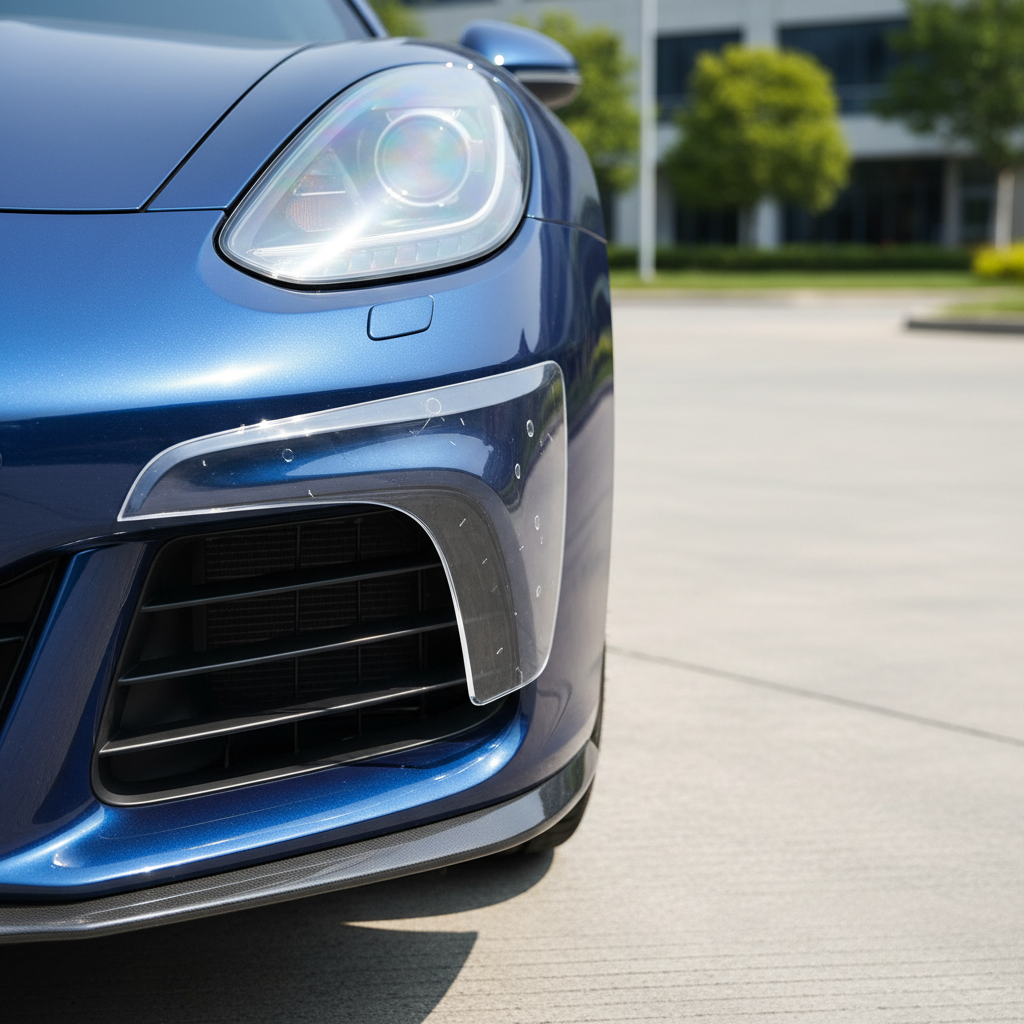 Close-up of luxury vehicle windshield with crystal-clear protective film, dramatic lighting