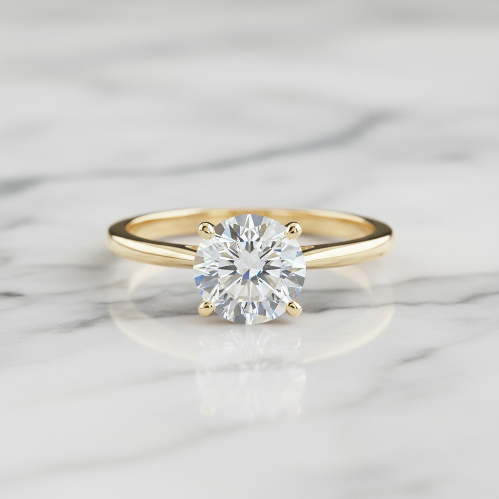 Round brilliant solitaire diamond ring in 18k yellow gold on white marble surface