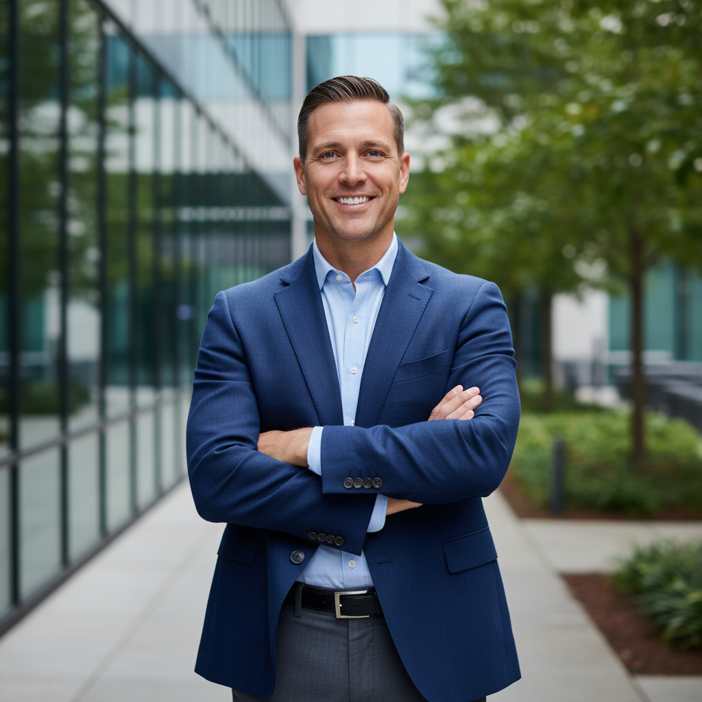 Professional male executive in smart business casual, bright office environment, approachable expression