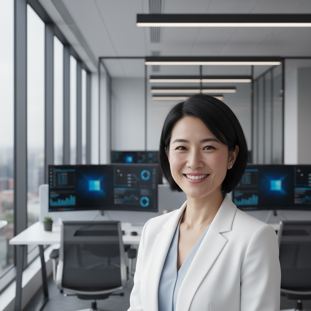 Young Asian woman with shoulder-length brown hair in white blouse smiling professionally in tech office
