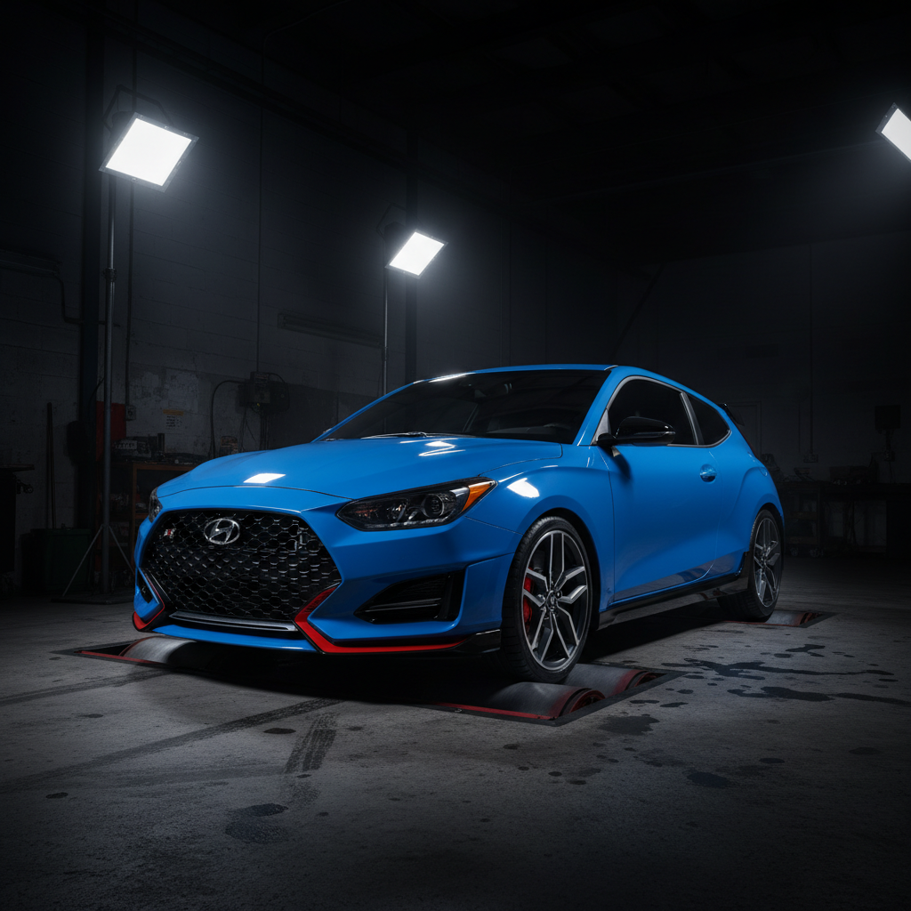 Performance Blue 2021 Hyundai Veloster N on dyno rollers inside a dark workshop