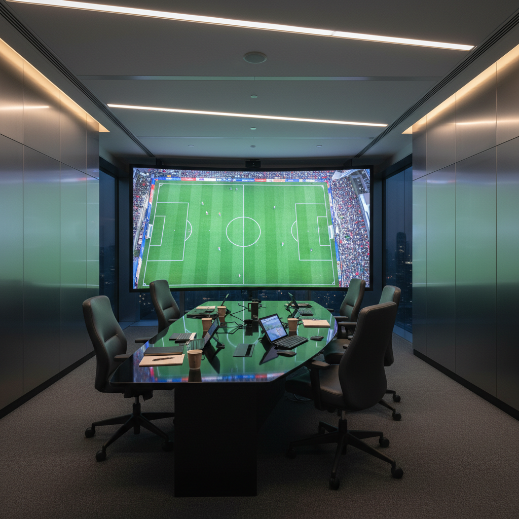 Film review room with large screen display showing overhead sports footage