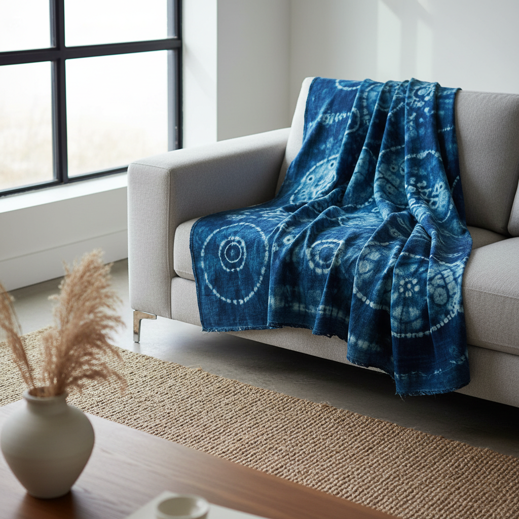Handwoven indigo blue linen cushion cover with block print pattern on cream sofa