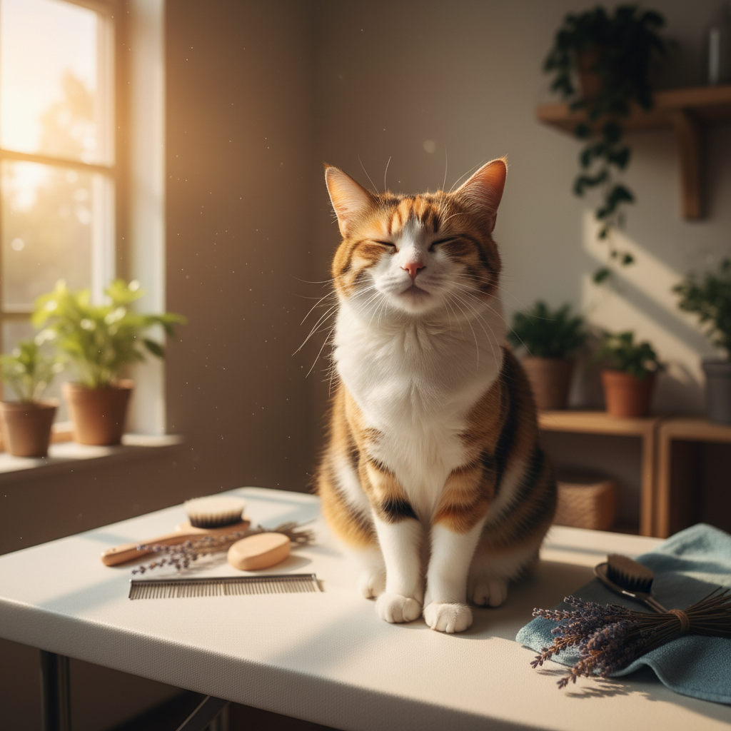 Warm sunlit grooming parlor with a cat sitting contentedly on a clean grooming table surrounded by soft brushes and lavender