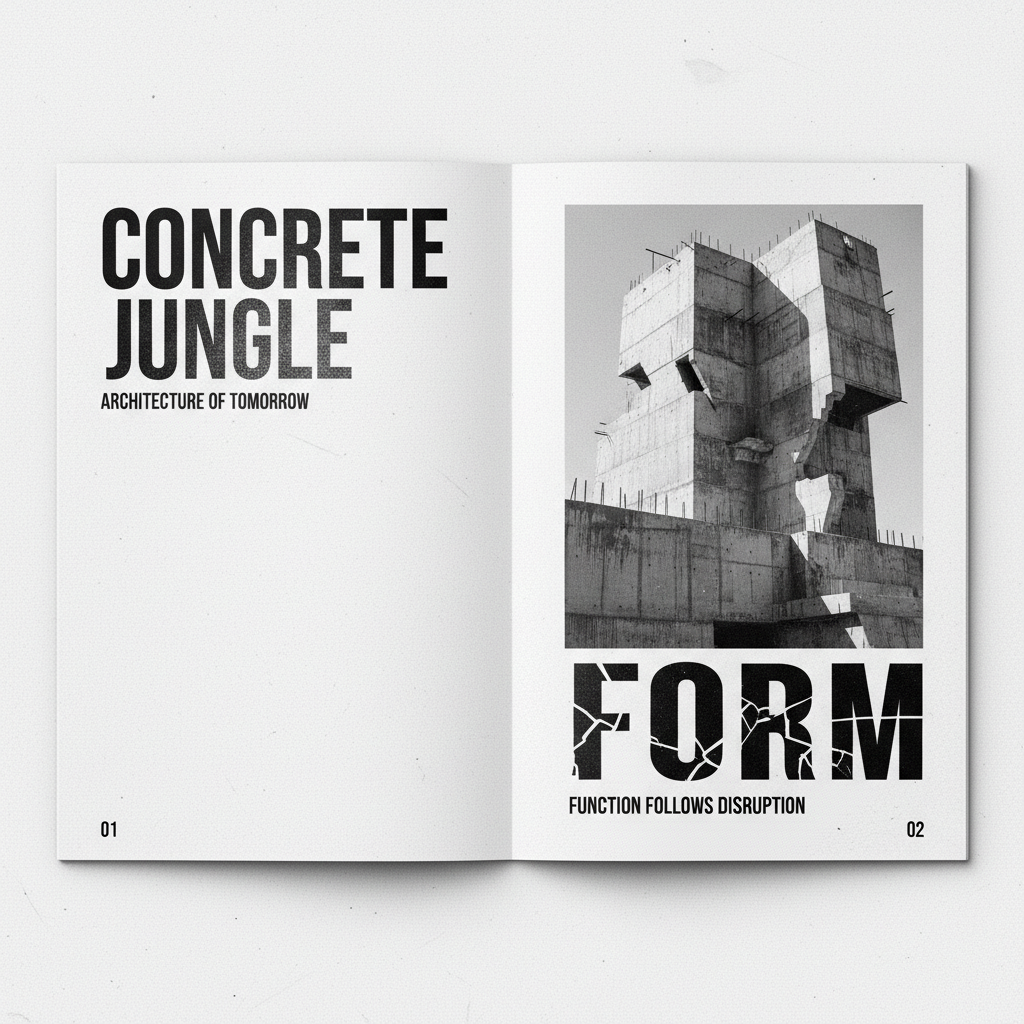 Bold brutalist editorial design layout with heavy black borders, oversized sans-serif typography on stark white background
