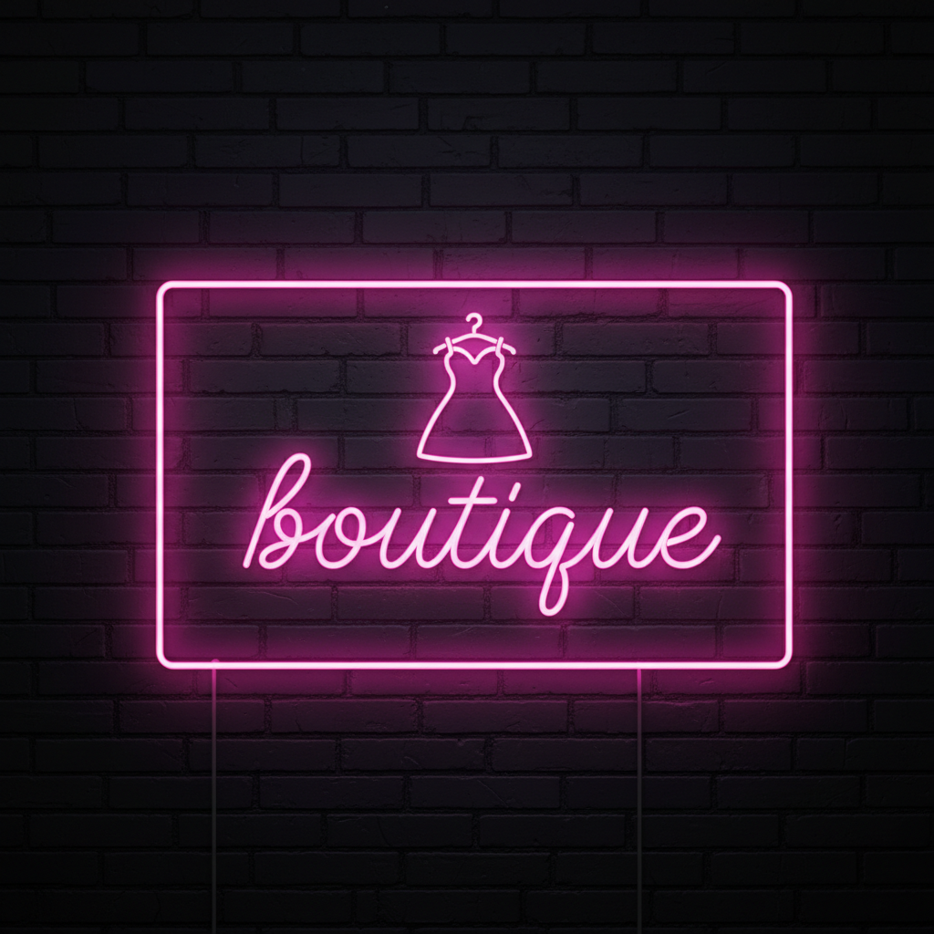 Luxury fashion boutique neon sign in purple glow, dark sophisticated retail environment