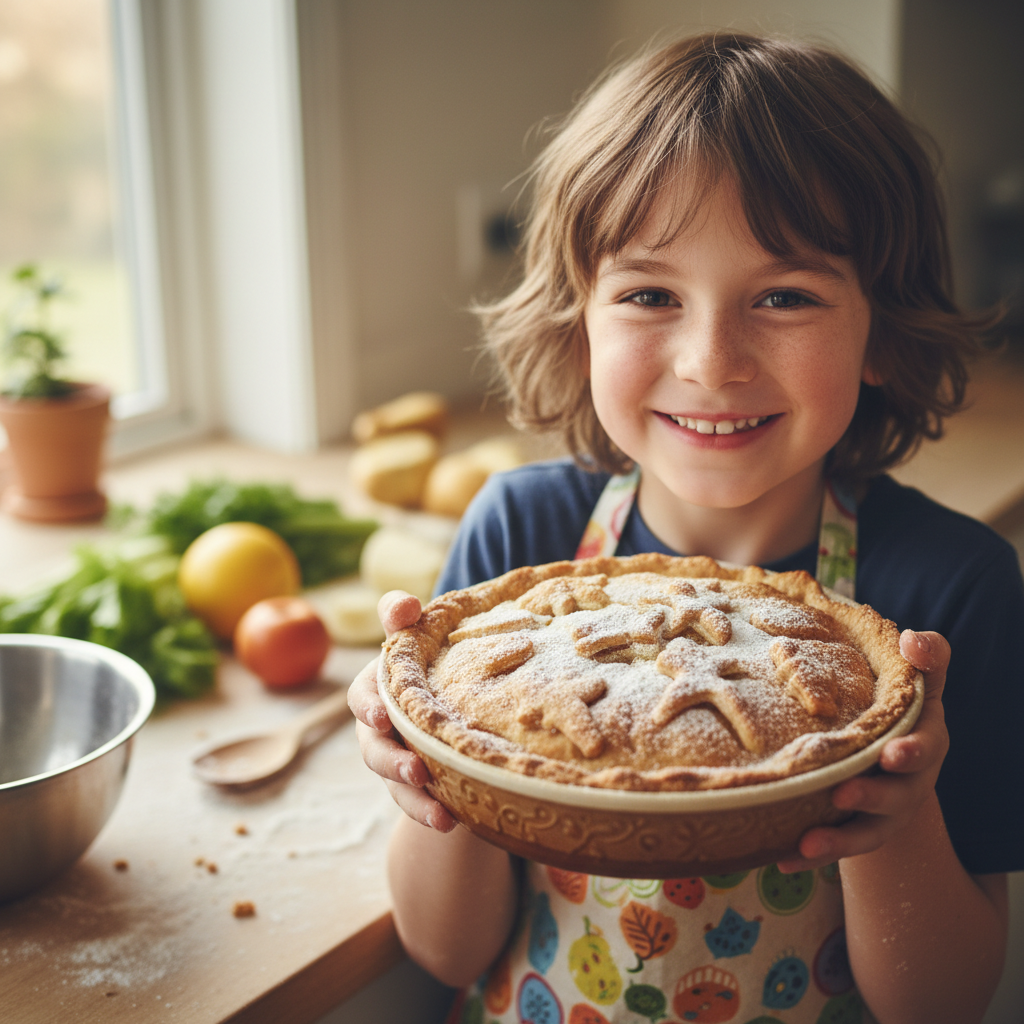Child proudly holding up a dish they made