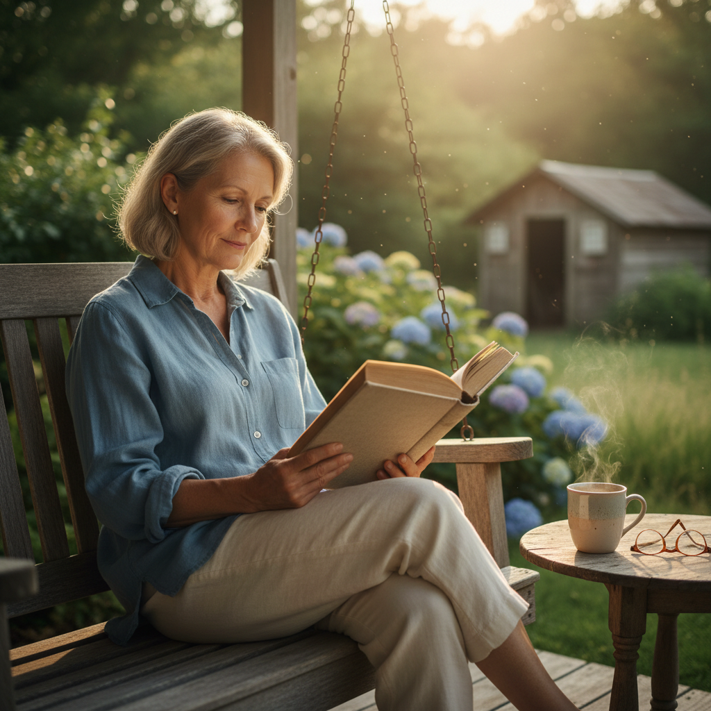 Older regional Australian man reading on porch of weatherboard farmhouse