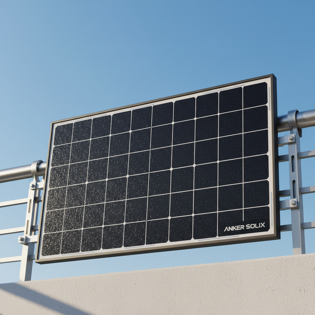 Panneau solaire Anker SOLIX monté sur rambarde de balcon, ciel bleu