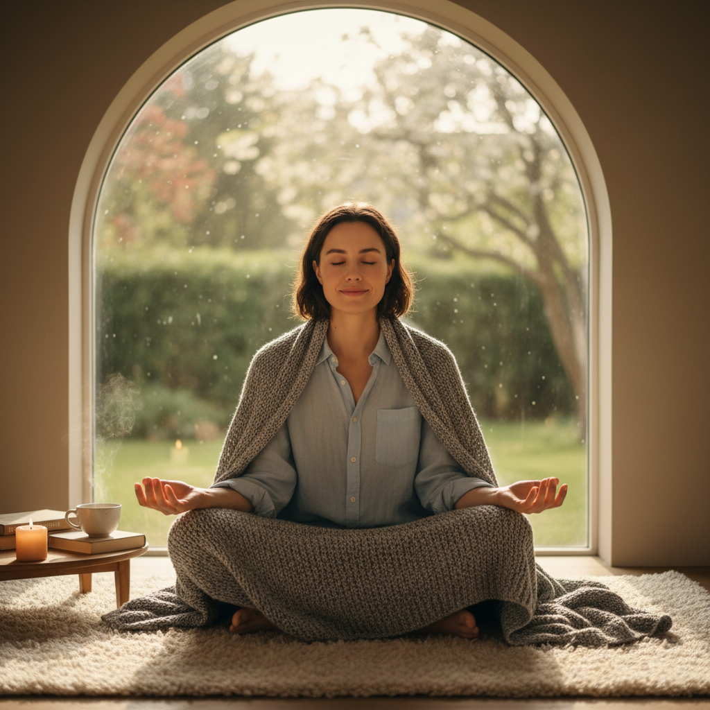 Person sitting cross-legged by a large window, late afternoon golden light, eyes closed, completely at rest