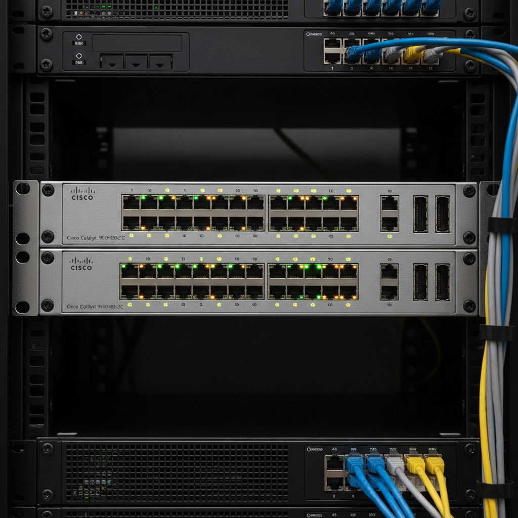 Enterprise network server rack with switches and patch panels in data center
