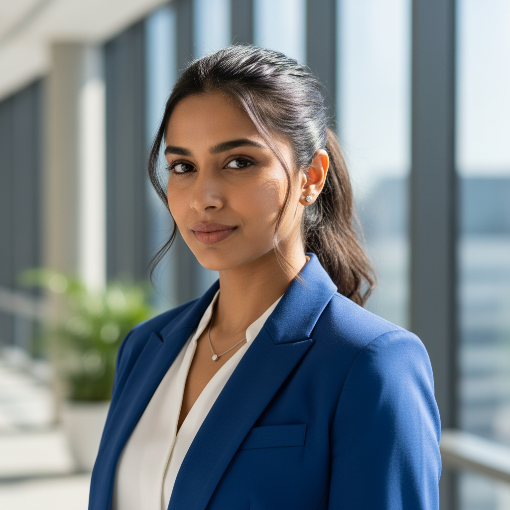 Young Indian woman with glasses looking at camera, aspiring doctor