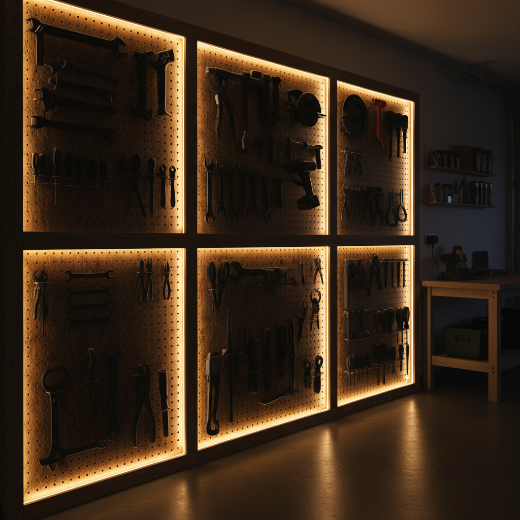 Organized pegboard wall system with tools hanging in silhouette under warm LED garage lighting