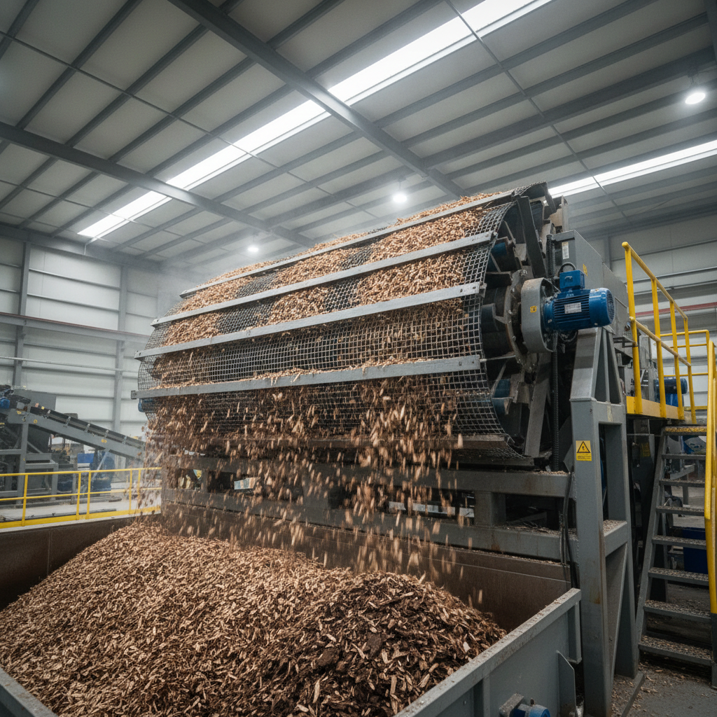 Industrial vibrating screen separator removing bark and debris from wood chips in a manufacturing facility