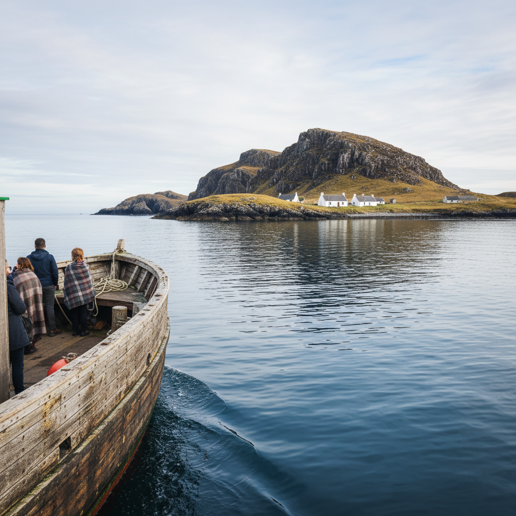 Small wooden ferry boat on calm water approaching a remote Scottish island