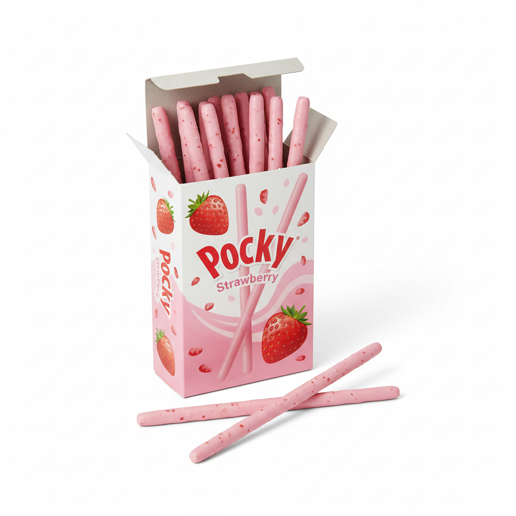 Pink strawberry Pocky biscuit sticks in a box with strawberry decoration