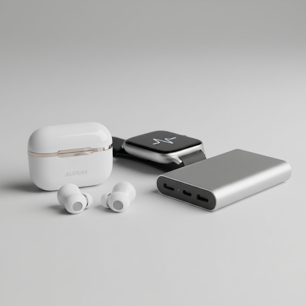 Power bank, wireless charger and earbuds as corporate tech gifts on white