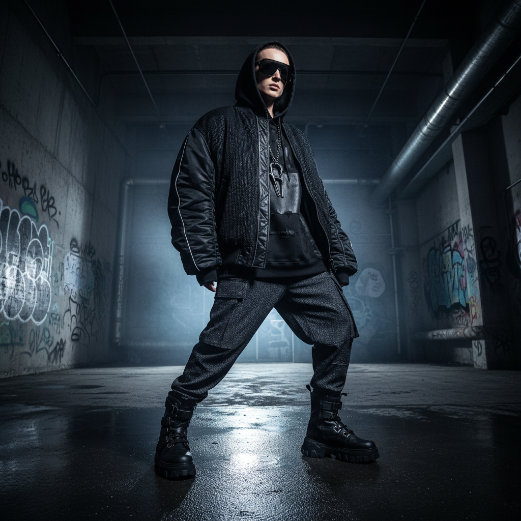 Street fashion editorial shot, urban environment, dark clothing, dramatic low-key lighting