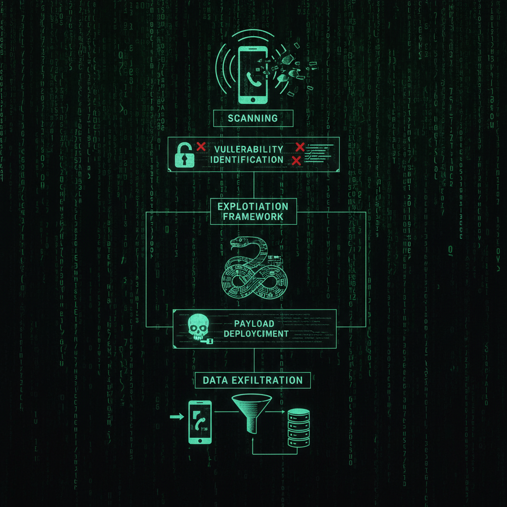 Matrix-style cascading code on dark screen representing mobile penetration testing and exploitation workflow
