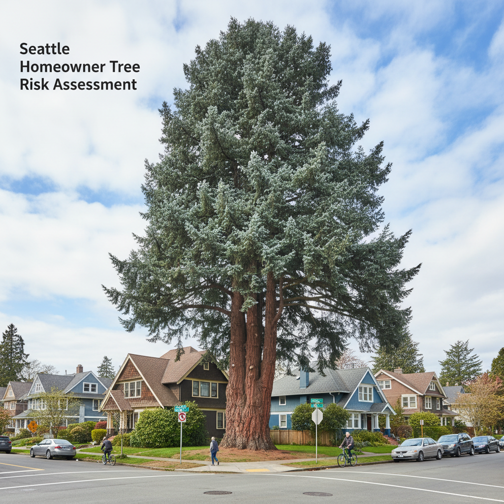Canopy Seattle Homeowner Tree Risk Guide cover showing a mature Douglas fir in an urban Seattle neighborhood