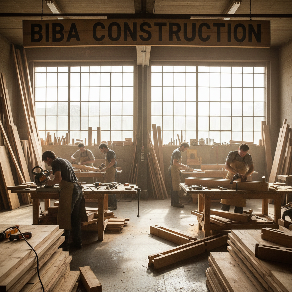 Carpentry work in progress by Biba Construction, timber boards and joinery components in workshop setting
