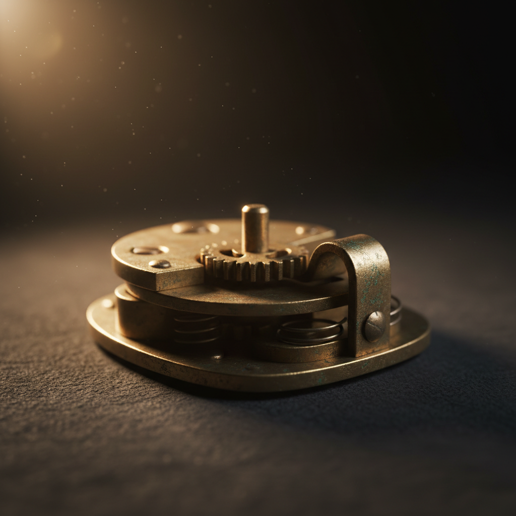 Macro shot of brass clasp mechanism on dark surface with single warm key light