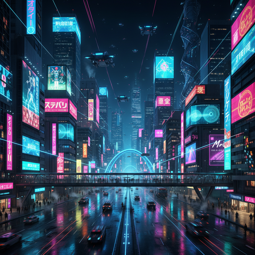 Futuristic cyberpunk city with neon lights and dark night atmosphere