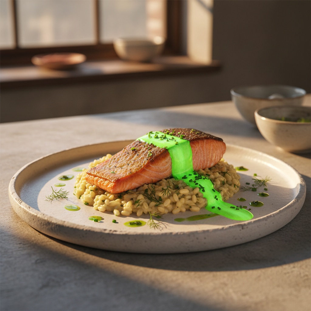 Dramatic golden hour food photography with neon green accent stripe and mono caption