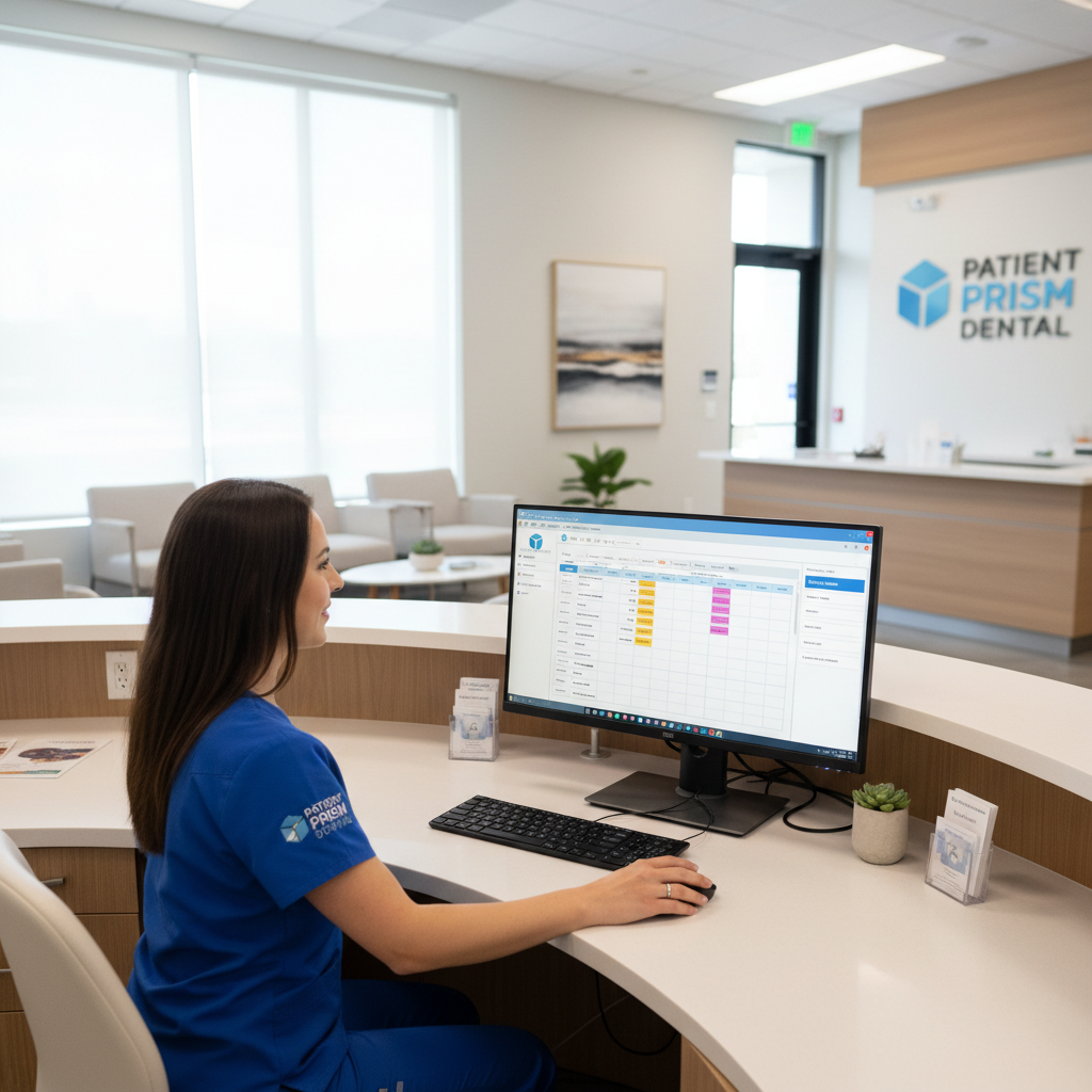 Dental office front desk administrator reviewing scheduling software on computer in bright modern reception area