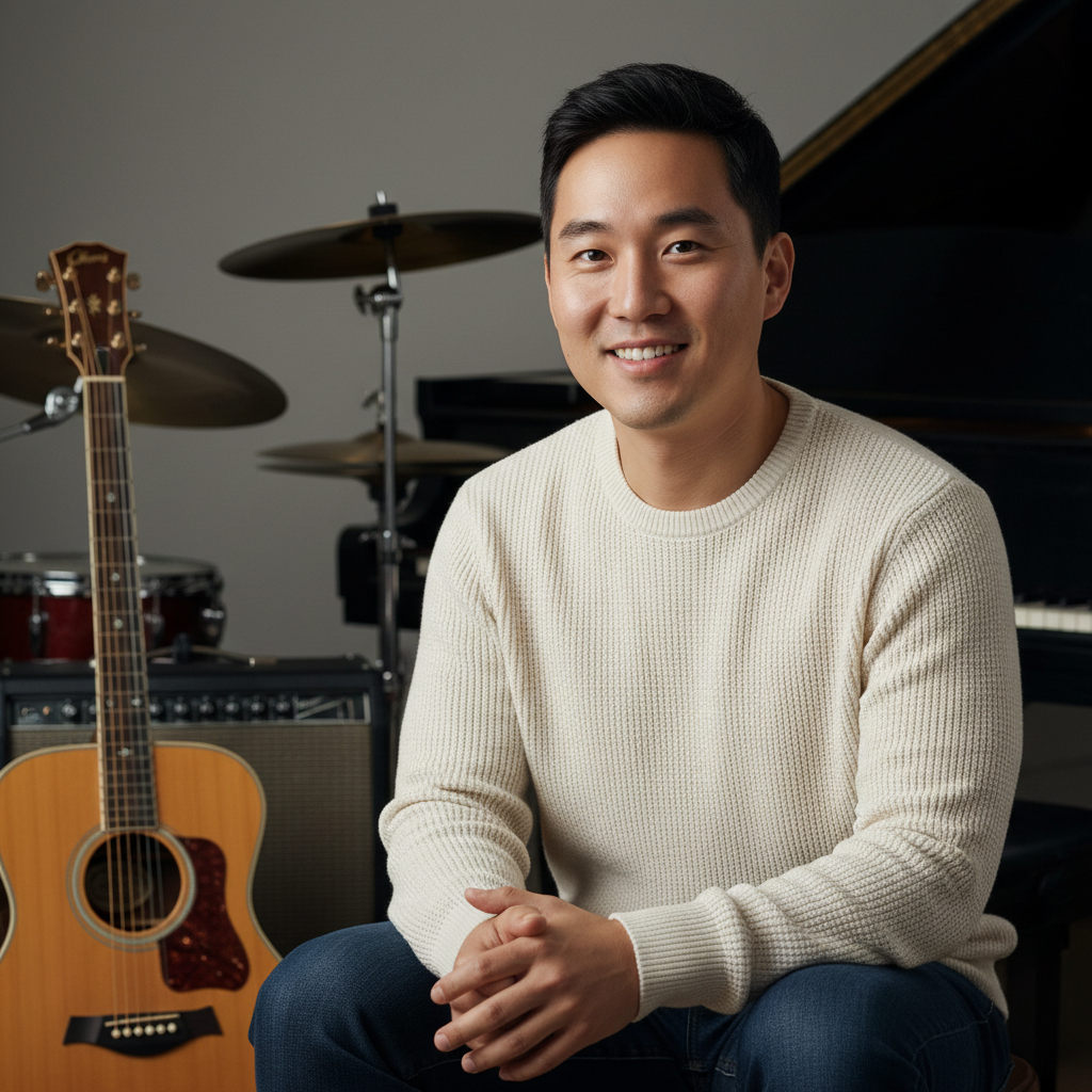 Young Korean-American man with stylish hair, artistic expression, music studio setting