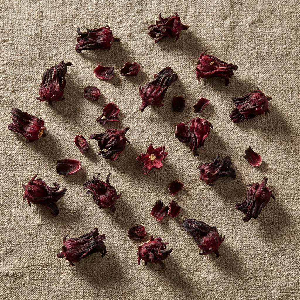 Dried red hibiscus flowers on cream cloth, deep crimson petals, warm natural light, botanical styling