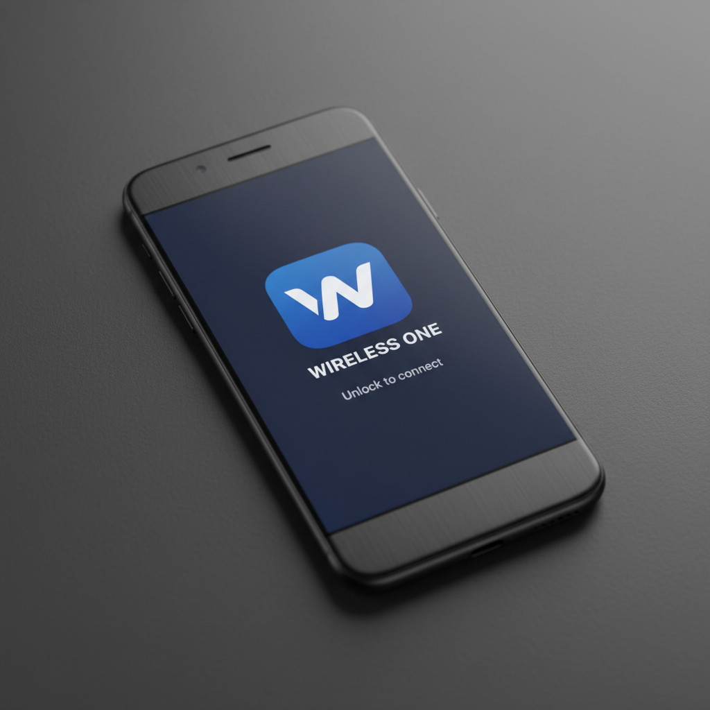 Smartphone showing carrier app icon on lock screen, matte surface, flat light