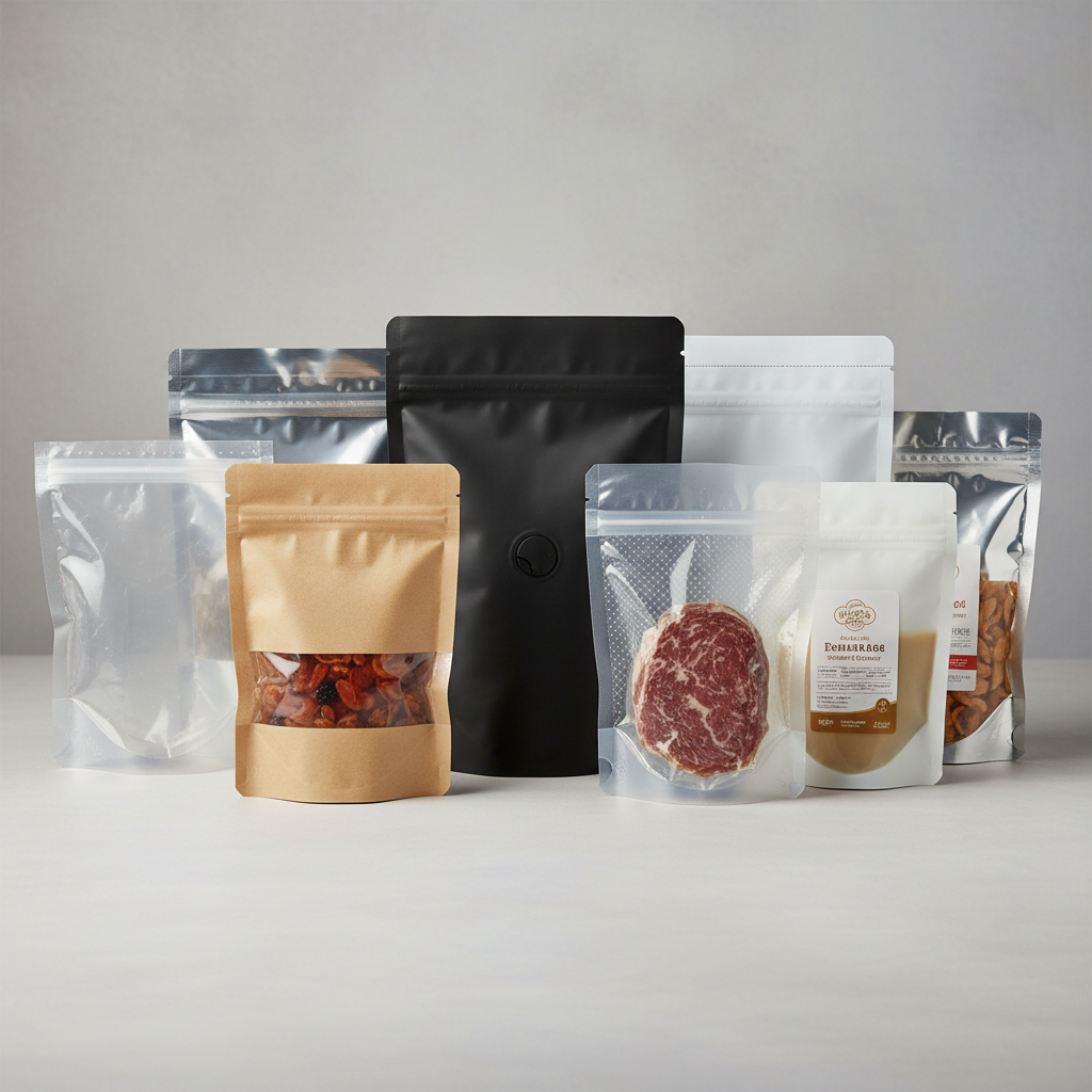 Plain transparent flexible pouches stacked in manufacturing facility, unprinted packaging products