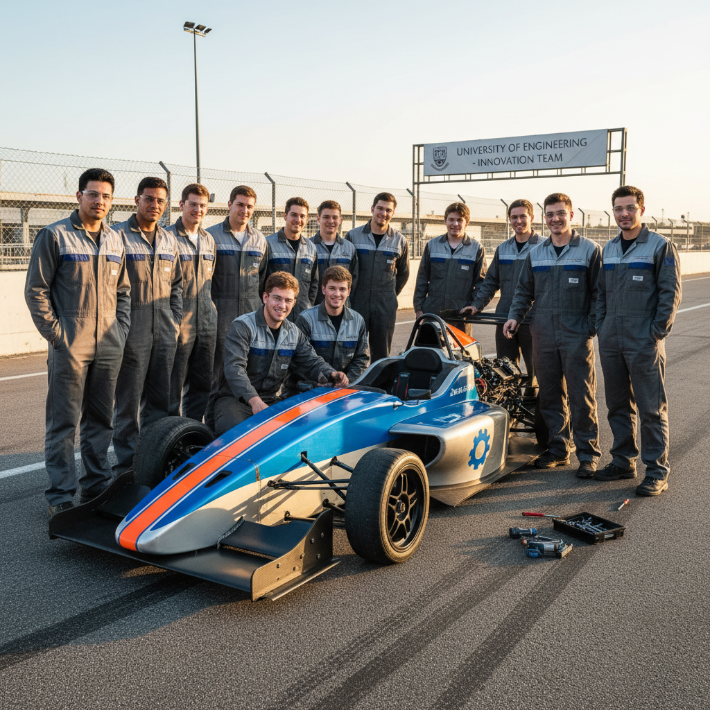 Engineering students with a self-built racing car on a track
