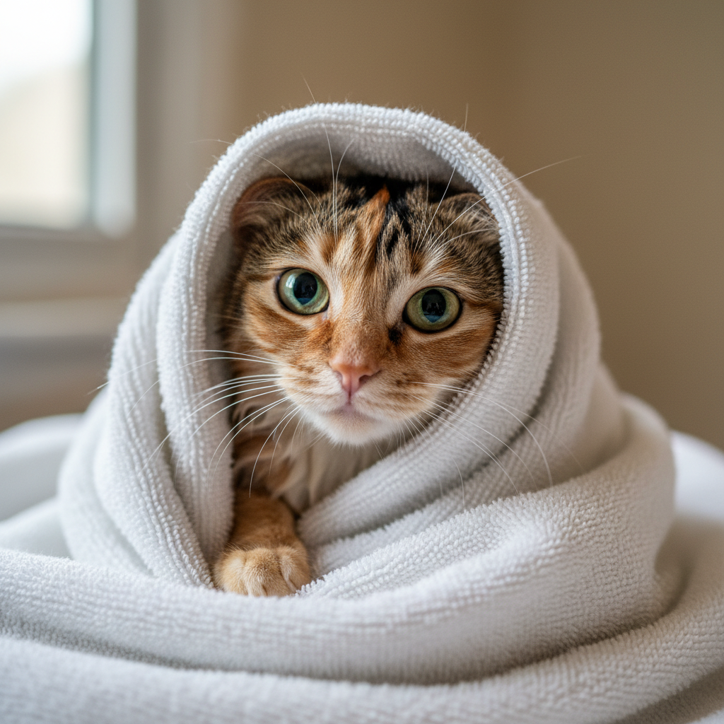 Tortoiseshell cat wrapped in white towel like a burrito after bath
