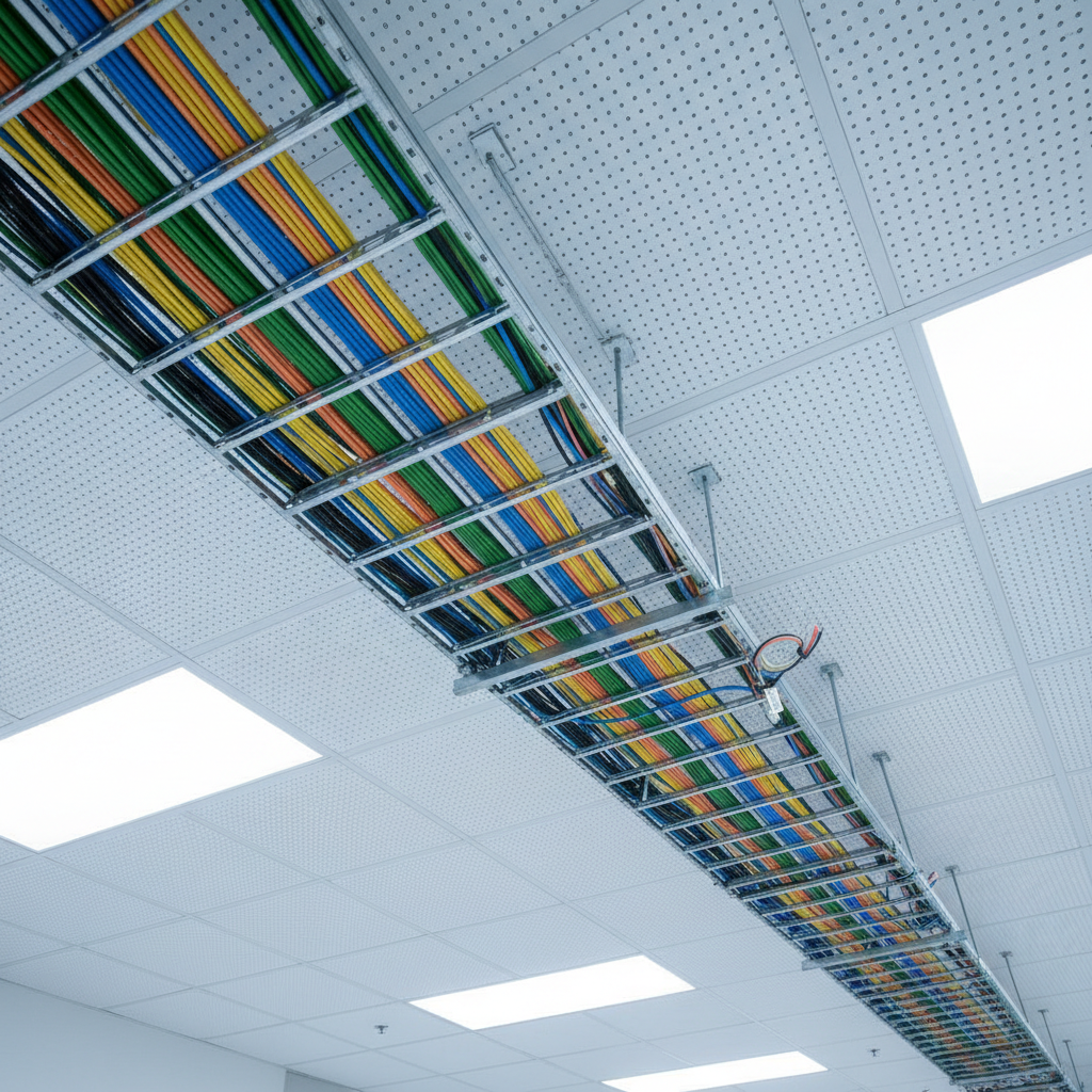 Neatly installed cable trunking and tray in a commercial office environment with organised cable routes
