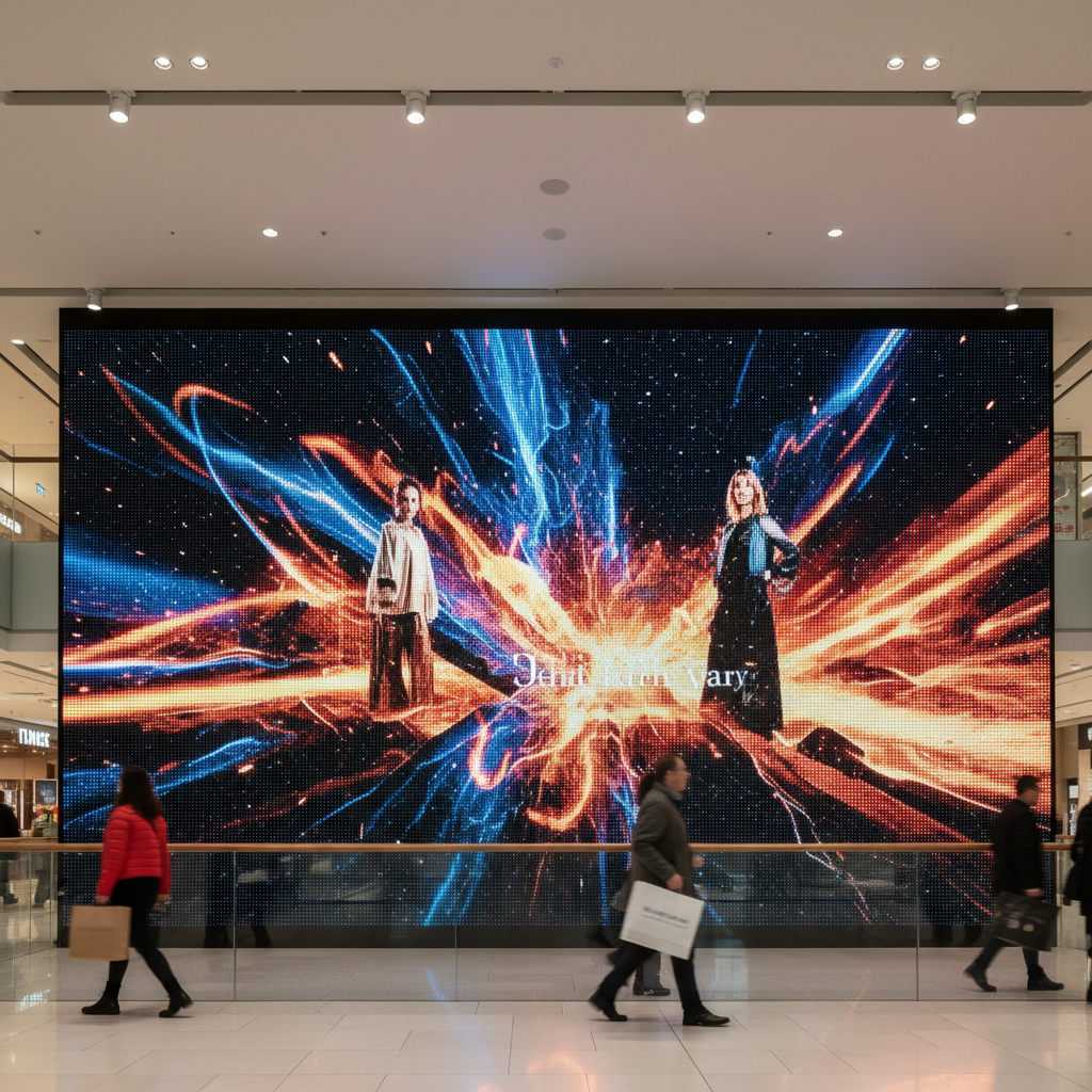 Permanent LED video wall installation in shopping mall showing promotional content