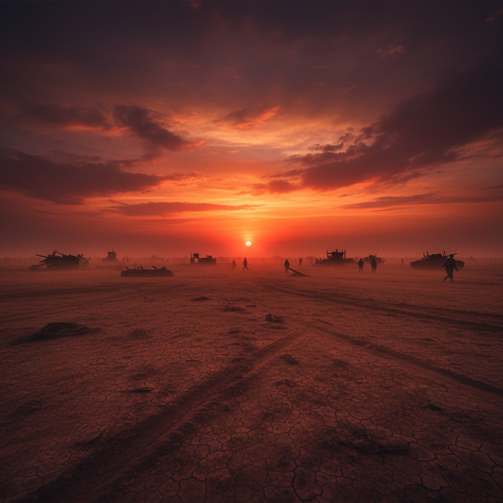 Open flat terrain with dust haze, wide battlefield panorama, dramatic sunset, dark silhouettes