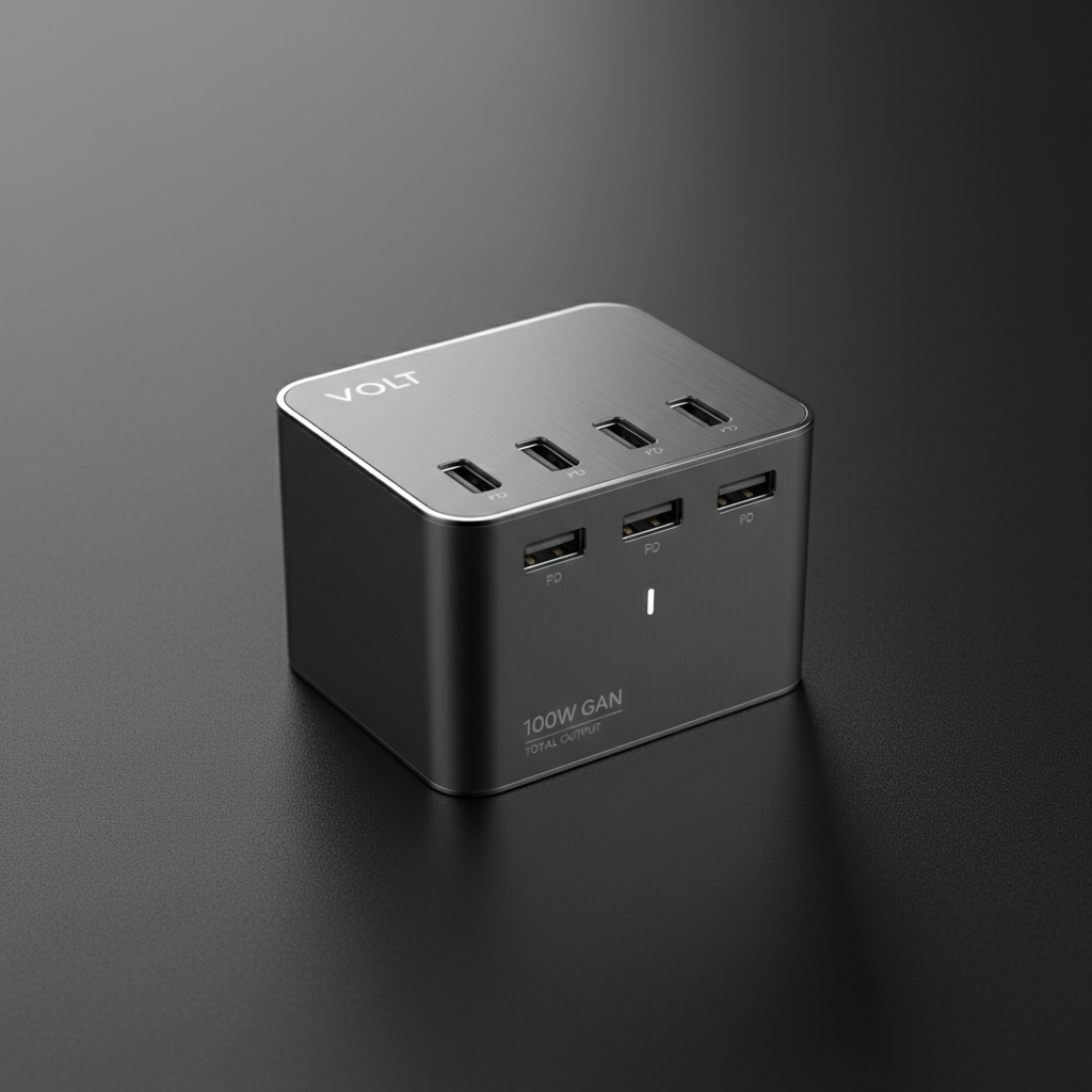 Compact white GaN charger on dark surface