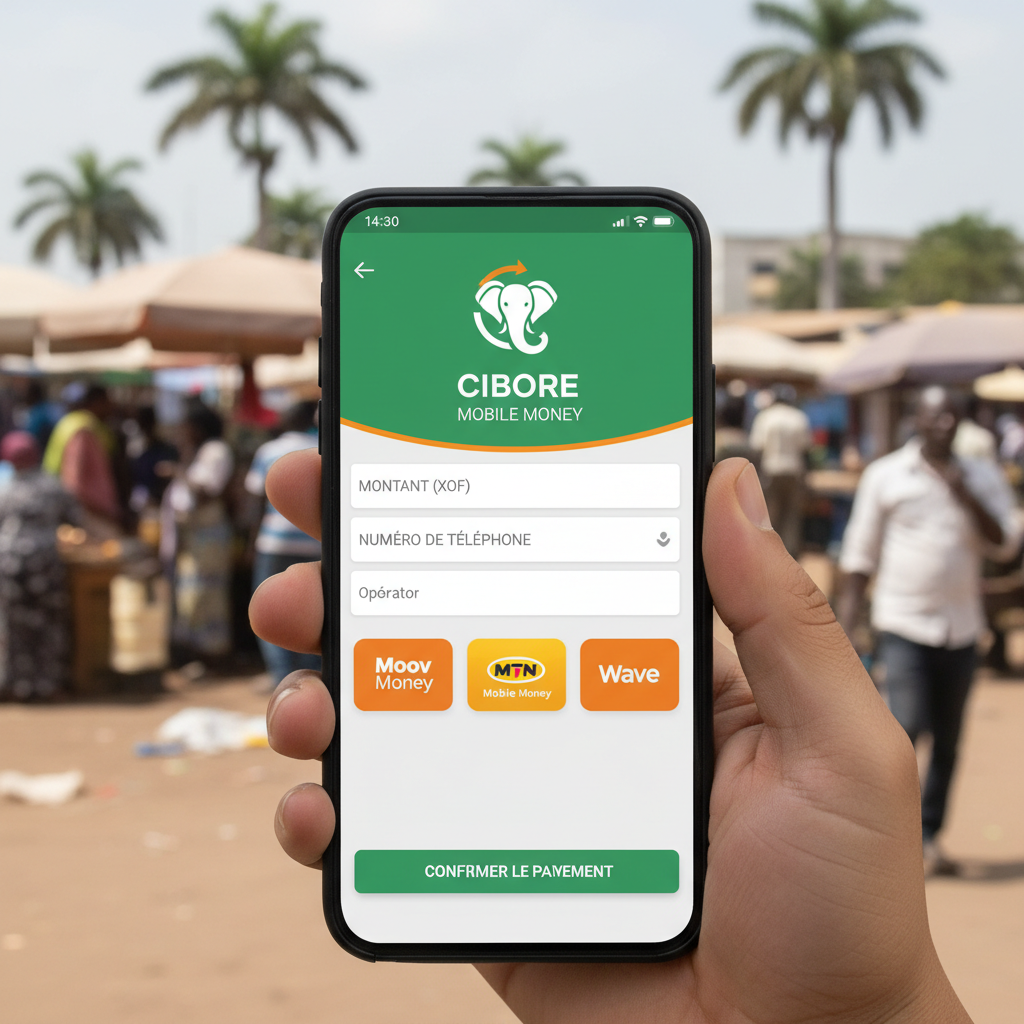 Person using mobile phone for digital payment in an African city market
